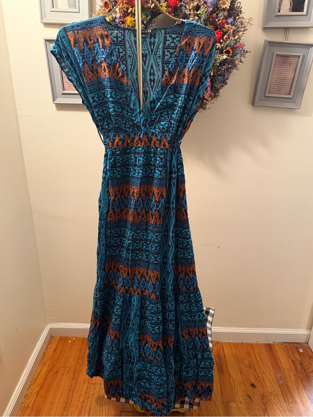 Forever 21 Teal and Brown V-Neck Boho Maxi Dress